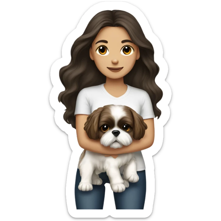 Young dark brunette hair woman with a golden shih tzu in her arms long hair sticker