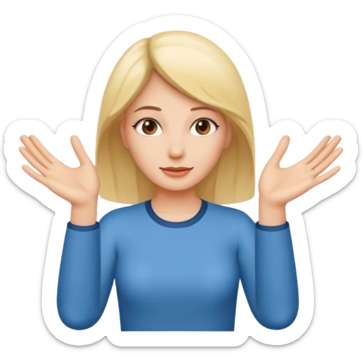 women with her hands out and above one had saying 6 and the other hand 7 sticker