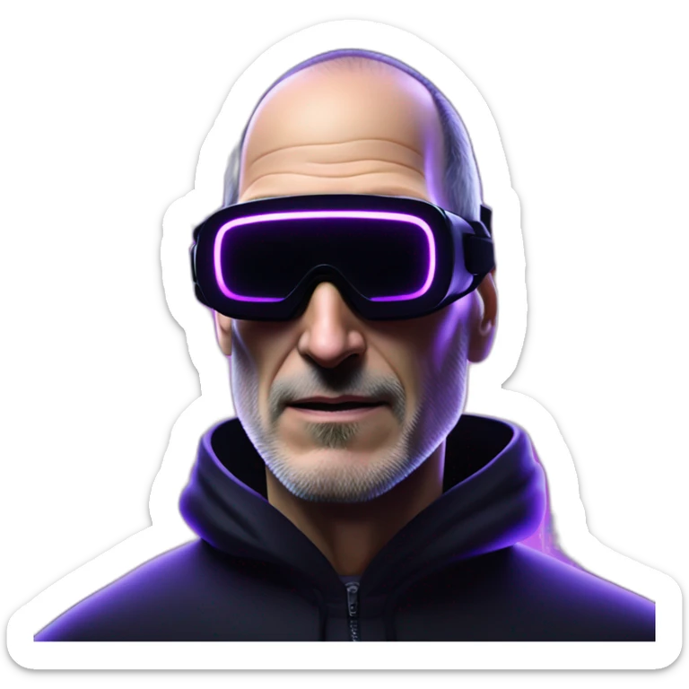 Steve Jobs wearing a black hoodie with "OMG" letters on it and VR headset in a cyberpunk VR environment with violet neon lighting. sticker