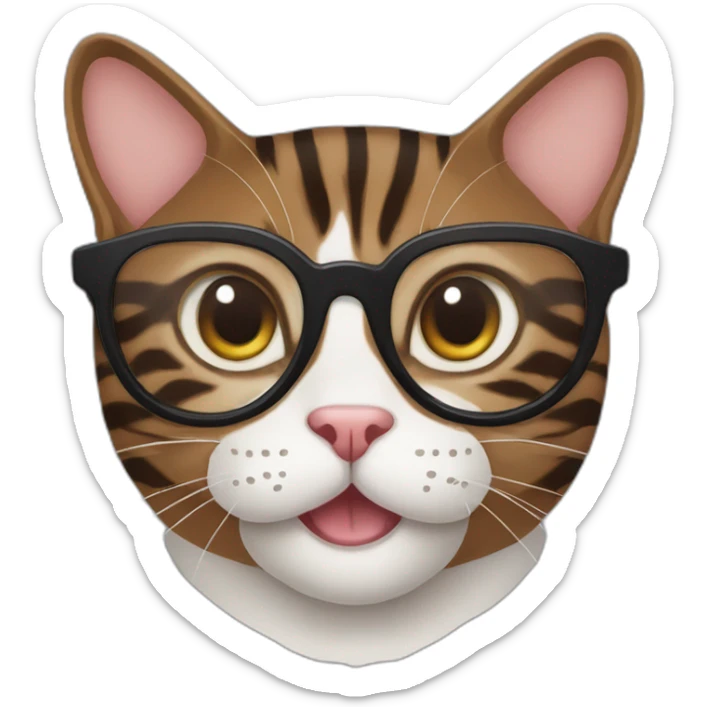 Striped wenge domestic shorthair cat head with white mouth wearing glasses sticker