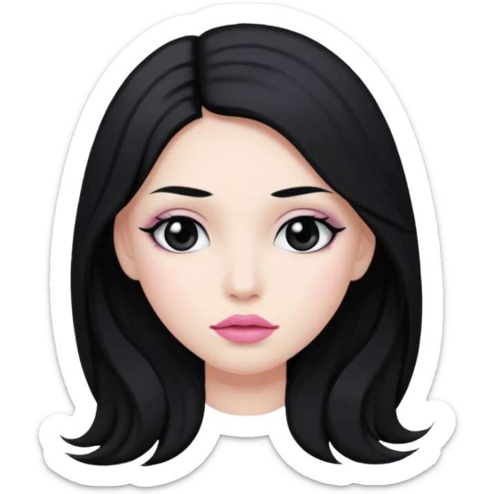 hair long black normal hair with black eyes, and white skin, white pinkish lip  sticker