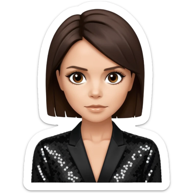 Victoria Beckham from Spice Girls with medium dark brown hair, black sequin outfit sticker