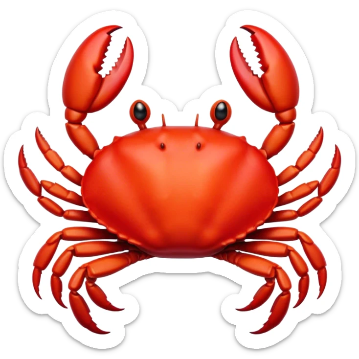 Cinematic Cute Red Crab Portrait Emoji, Head tilted playfully and inquisitively, featuring a compact, vibrant scarlet carapace with adorably small, expressive eyes and gentle, rounded pincers, Simplified yet irresistibly adorable features, highly detailed, glowing with a warm, friendly oceanic glow, high shine, affectionate and lively, stylized with a touch of seaside whimsy, soft glowing outline, capturing the essence of a mischievous yet loving red crab that seems as if it could pinch its way out of the screen into your arms! sticker