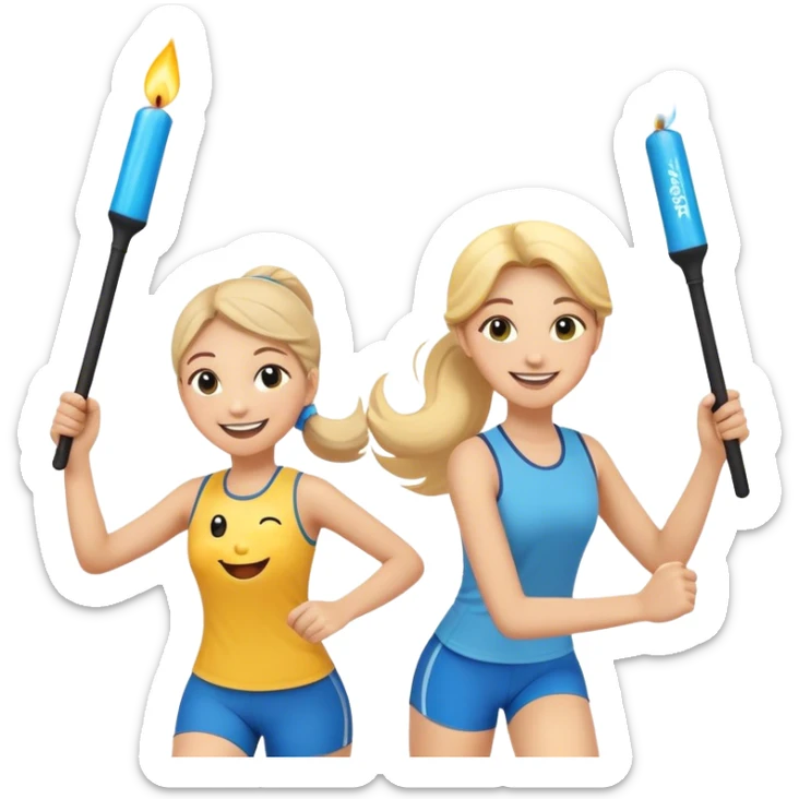 Show two happy team members passing a bright baton in a relay race. One girl, young woman and a young man with all sorts of happy smiley emojis in the air.  Add the words Rejuvenation Break at the top in fun lettering. Show the baton, even bigger with both smoothly connecting to it.  sticker