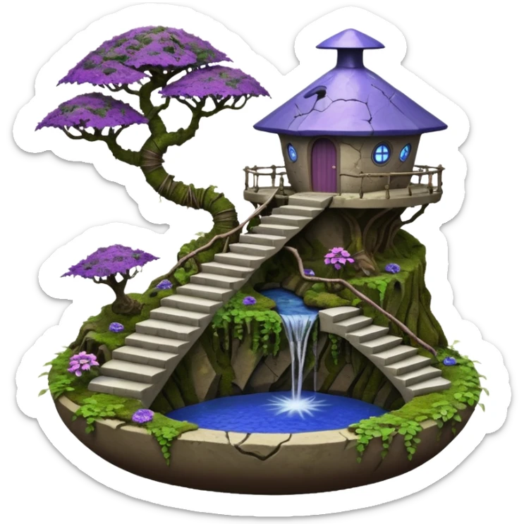 Alien saucer house jungle-vines precarious narrow stairway fountain mountain-island landscape antique mudman very old broken cracked intricate Stone Age lapis-crusted irregular dodecagon-shaped shallow dark moss rough bark violet serissa flowered maple tree bonsai pot sticker