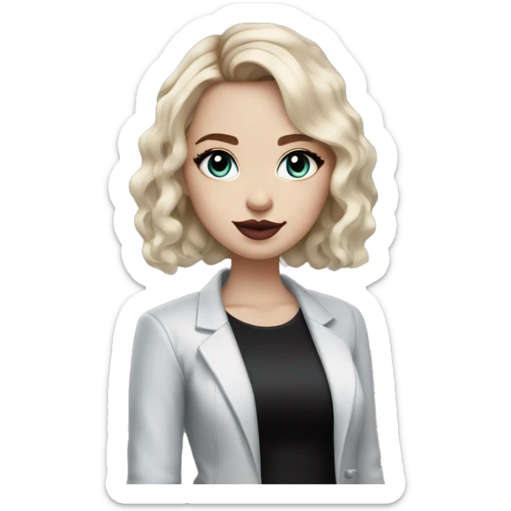 Slavic adult woman, goth eyes makeup, pink lips, blue eyes, medium bob black-to-blonde ombre light wavy hair, white T-shirt and black office jacket. sticker