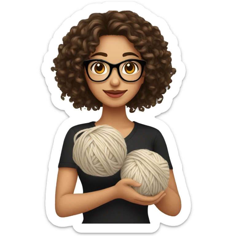pretty Hispanic woman with long brown curly hair holding one ball of yarn with both arms wearing a black shirt and black glasses sticker