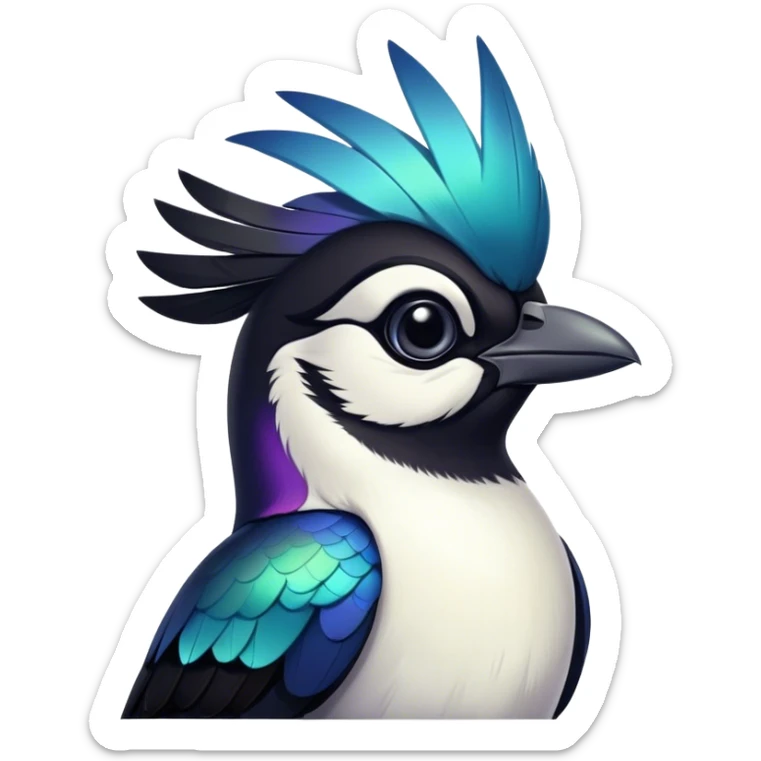 Cinematic Noble Magpie Portrait Emoji, Poised and sleek, with striking, iridescent black and white plumage, a sharp, inquisitive beak, and intense, observant eyes, Simplified yet sharp and sophisticated features, highly detailed, glowing with a soft, urban gleam, high shine, intelligent and graceful, stylized with an air of mischievous charm, focused and alert, soft glowing outline, capturing the essence of a watchful and confident magpie that appears ready to dart out of the screen with effortless authority! sticker