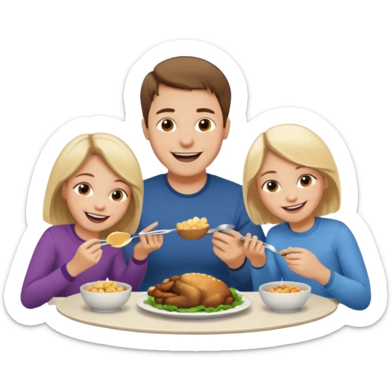 Family eating dinner and laughing together. Husband, wife, boy and girl (4 years old each) sticker