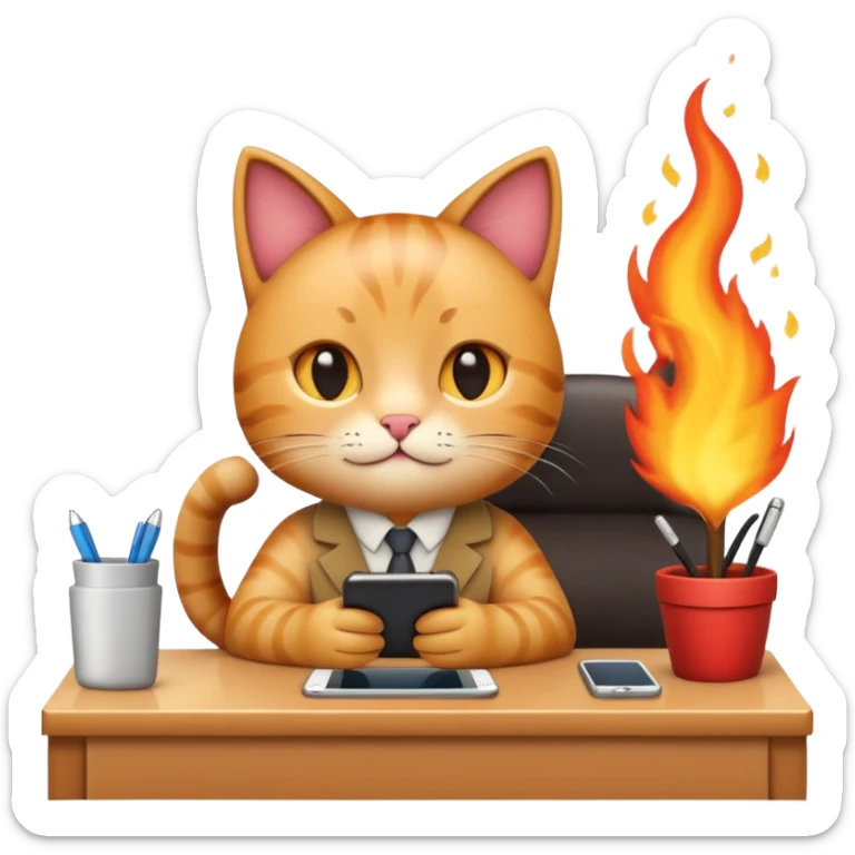 Apple-style emoji illustration of a cute cat character calmly sitting at an office desk, holding a smartphone and looking relaxed, while the office behind is subtly on fire. sticker