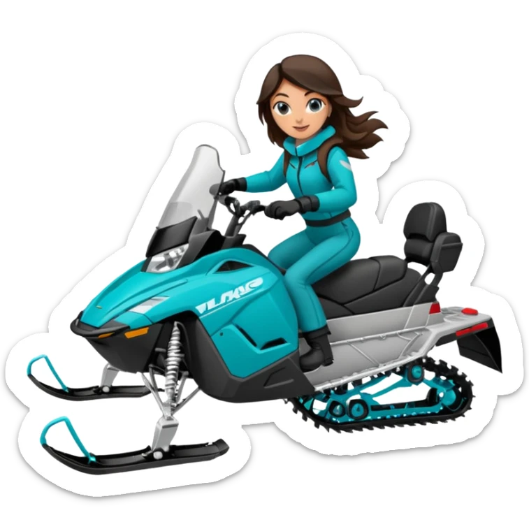 Can you create an emoji of a brunette girl on a teal polaris khaos 850 155 snowmobile doing a wheelie sticker
