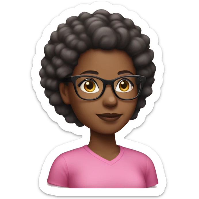 Black girl with afro ponytail and clear glasses with pink shirt sticker
