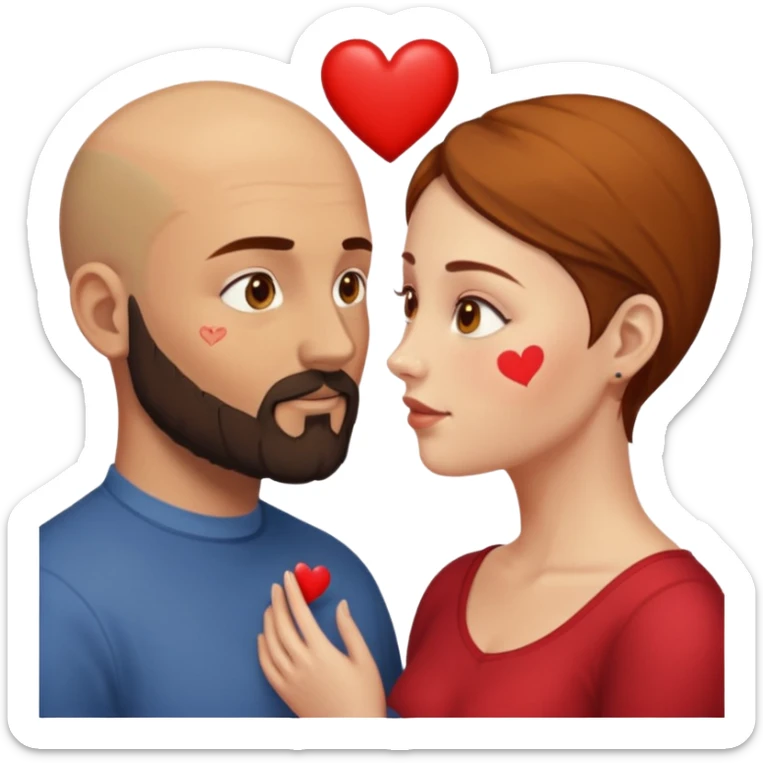 Couple. Bald man with dark brown-black beard. Woman with many small, faded, round, small freckles, white skin and she has auburn-yellow-brown dark hair. She has light yellow-brown eyes. He have hazel eyes. They look at each other. Many small red hearts around them. sticker