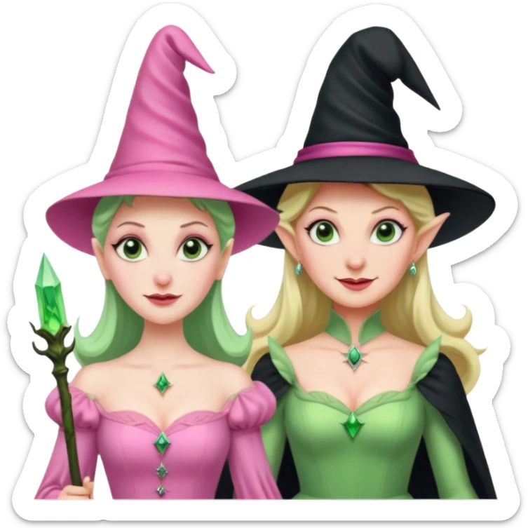 make an emoji of the green wicked witch standind behind the good witch Glinda and being overly protective looking angry and glinda looking happy sticker