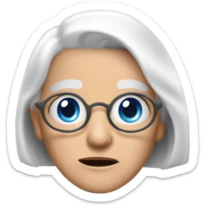 An old Woman 50 years with white hair and Bob cut with a broken tablet in the Hand an shocked and Blue eyes sticker