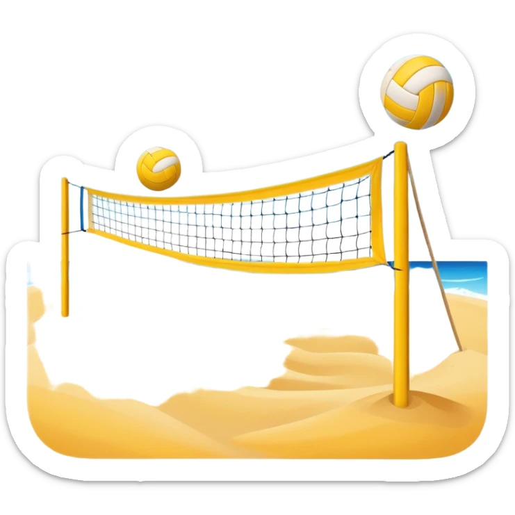 The scene captures the relaxed yet competitive vibe of beach volleyball, with warm sunlight and the natural beauty of the beach. A volleyball resting on the yellow sand on a beach, with the net in the background and a scenic view of the ocean and sky.  sticker