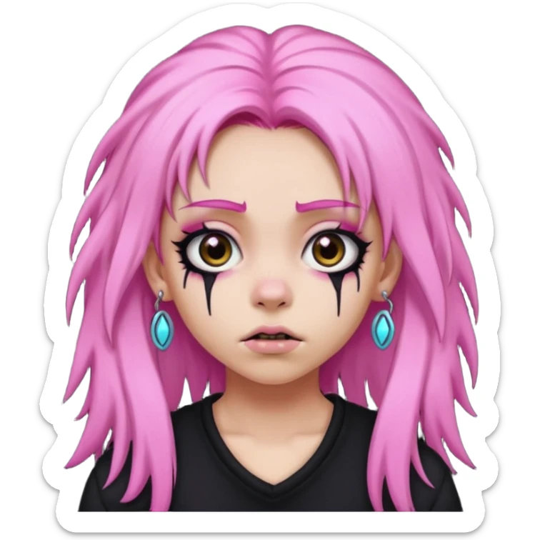 girl,lightsinvampire, pink hair, very longhair , shaggy, dark, spooky,double eyebrow dermal piercing, creepy expression sticker