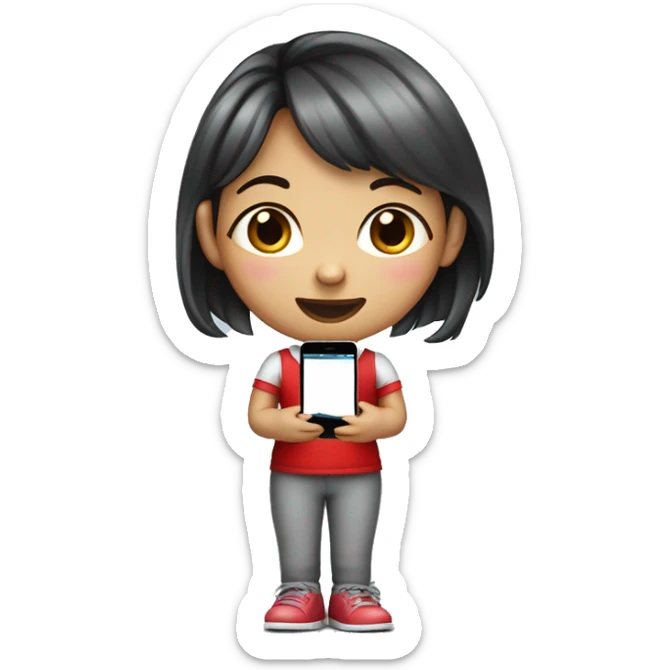 A little seven-year-old girl wearing a red candy cane shirt with gray pants, black shoes while holding an iPhone with a slightly Asian face sticker
