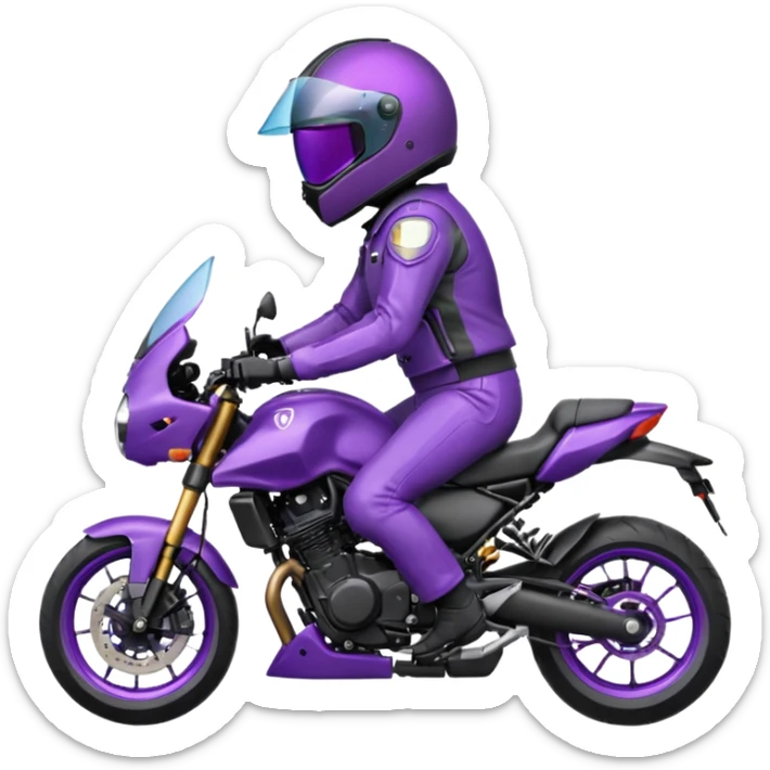 Créer un emoji avec une moto mt07 sport noir mate / violet iridescent très foncé. Avec une pilote dessus visière violet sombre faceless, bulle de la moto violet. Avec fond arrière violet, tenue complète casque inclus violet  sticker