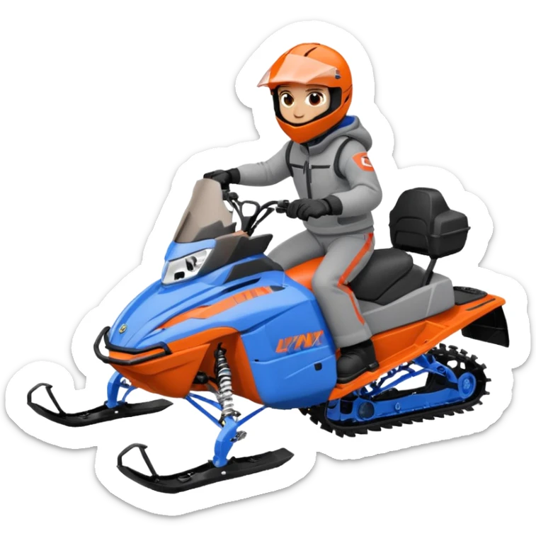 red Lynx brand snowmoble wheelies. driver with gray clothes and black/orange / blue helmet sticker