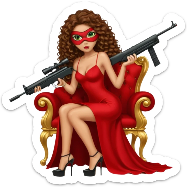 Drug dealer female green eyes symbol.  hair is brown curly long hair. sexy long with long red and black dress and face cover on that covers her mouth only. black stiletto platform high heels shoes on. Holding sniper rifle sitting on a gold throne. sticker