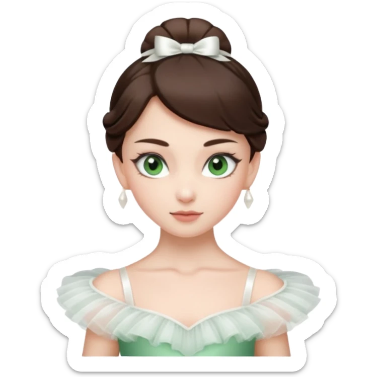 Realistic Ballerina Portrait, with porcelain-like skin featuring a natural rosy flush, illuminated by soft lighting that highlights the gentle contours of her face. Her Brunette hair flows in soft.Her deep green light eyes radiate framed by arched brows and long lashes. sticker