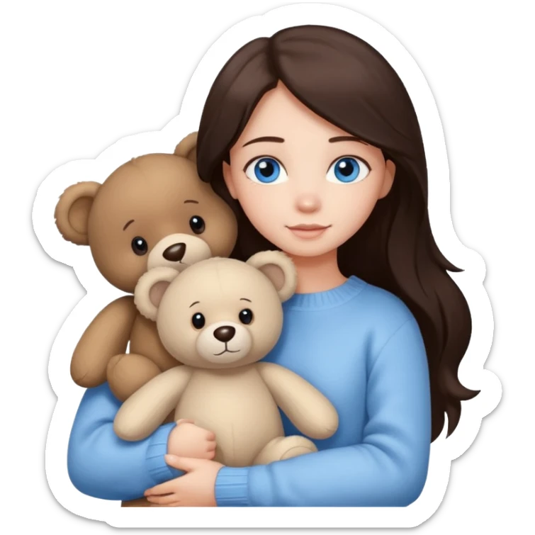 a girl with long dark brown hair, with blue eyes, in a
white sweater, hugs 3 different natural coloured sticker