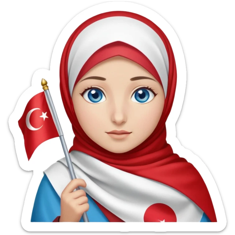 Turkish beautiful finish Konya girl blue eyes with red white hijab dress with turkish flag and watching the sky on the ground  sticker