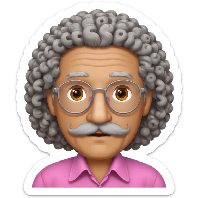 old guy with very curly hair and brown shades and big  pink mustache sticker