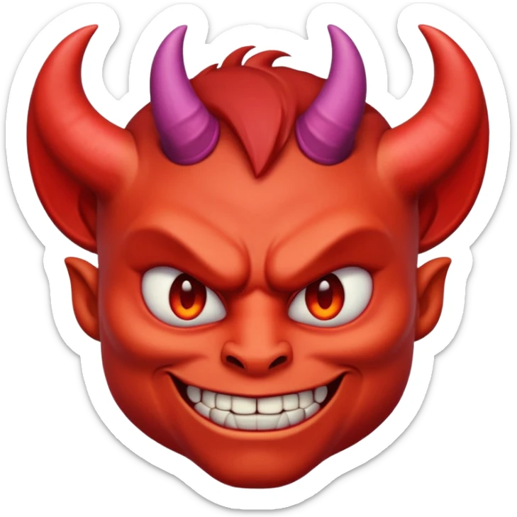 Demon cartoon emoji character, head and shoulders portrait (chest-up crop), centered face, confident and edgy expression, sharp eyes, subtle smirk, small curved horns, clean stylized face, not cute, not scary, modern emoji-style illustration, bold colors, smooth shading, high readability sticker