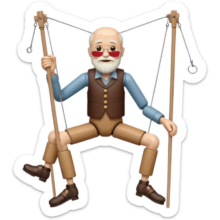 3D render of Old Man Puppet as a wooden marionette puppet, Carved wood beard, silver metal screw joints at elbows and knees, polished brown wood texture, rigid toy pose, emoji style, isolated on white background --v 6.0. sticker