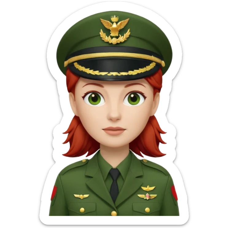 iOS Memoji style, white woman, red hair, green military officer uniform, peaked cap, 3D render, white background. sticker