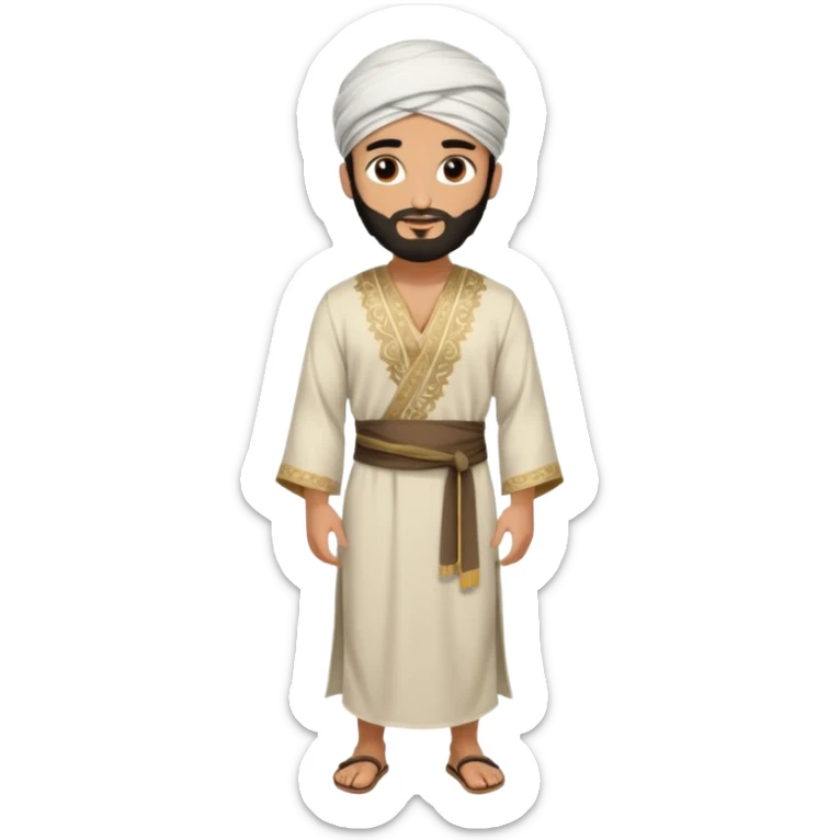 
-Apariencia: Joven de unos 25-30 años, atractivo,.
-Rostro: Ojos oscuros, piel ligeramente morena, rasgos árabes finos.
-Cabello: Negro, algo rizado o suelto, con barba fina.
-cuerpo entero  puede llevar una túnica más oriental, con faja y turbante sencillo con sandalias sticker