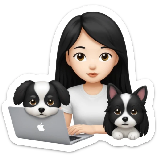 Asian girl with long black hair , wearing a white t-shirt, working on an Apple laptop, next to her is a small black and white dog sticker