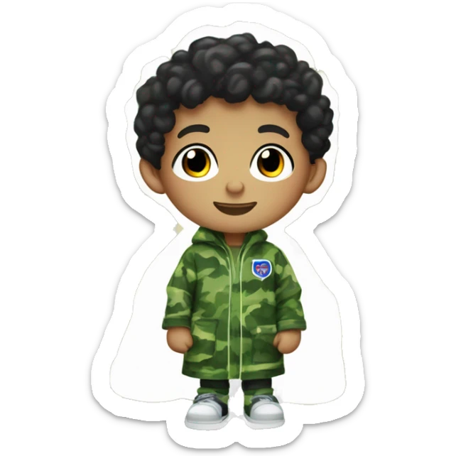 6 year old boy with white skin and brown eyes and black short curly hair and he's wearing a robe patterned in green camoflauge colors in a tune squad undershirt sticker