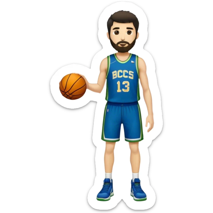 Full Body  white male basketball player with short shaggy dark hair and gold tee beard wearing blue and green uniform sticker
