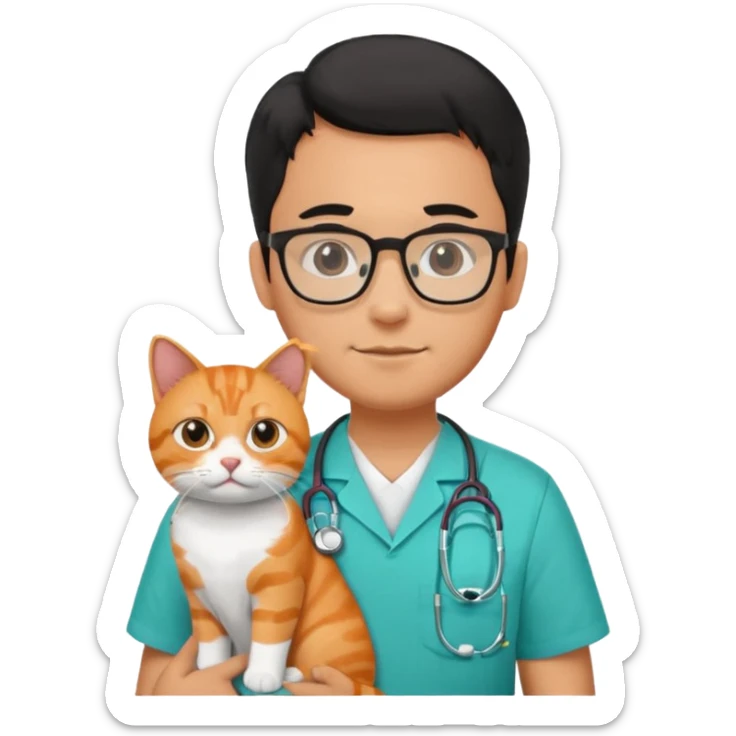 Veterinario hombre trigueño con lentes, con cabello negro, y con uniforme veterinario color verde turquesa y estetoscopio  cargando un gato naranja sticker