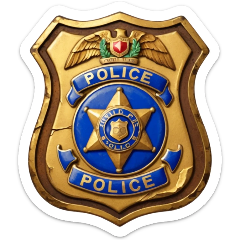 cinematic - aesthetic brilliant divine lighting, oil paint - antique police badge rusty, crumpled and broken sticker