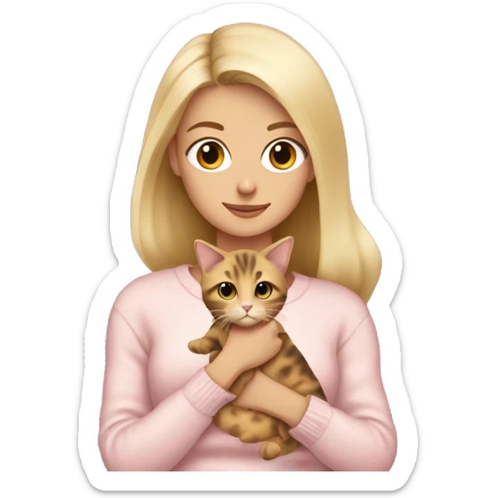 blonde girl wearing a pale pink sweater  holding a tortoiseshell cat with a white belly sticker