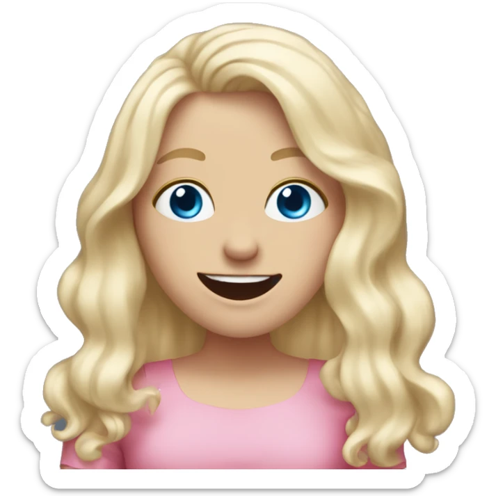 White girl. Long white blonde hair. Blue eyes. Pink dress. Hand in front of mouth laughing  sticker