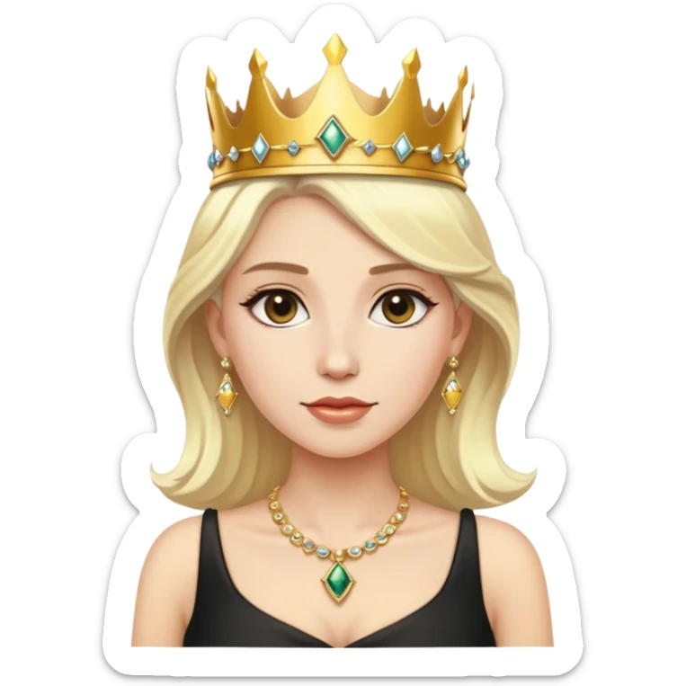 platinum blonde white woman wearing a golden crown, gold jewellery with a black dress sticker