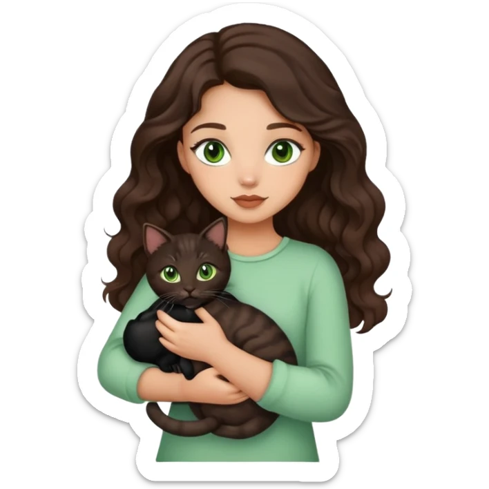 Beautiful girl with dark brown wavy hair and green eyes holding black and brown cats in arms sticker