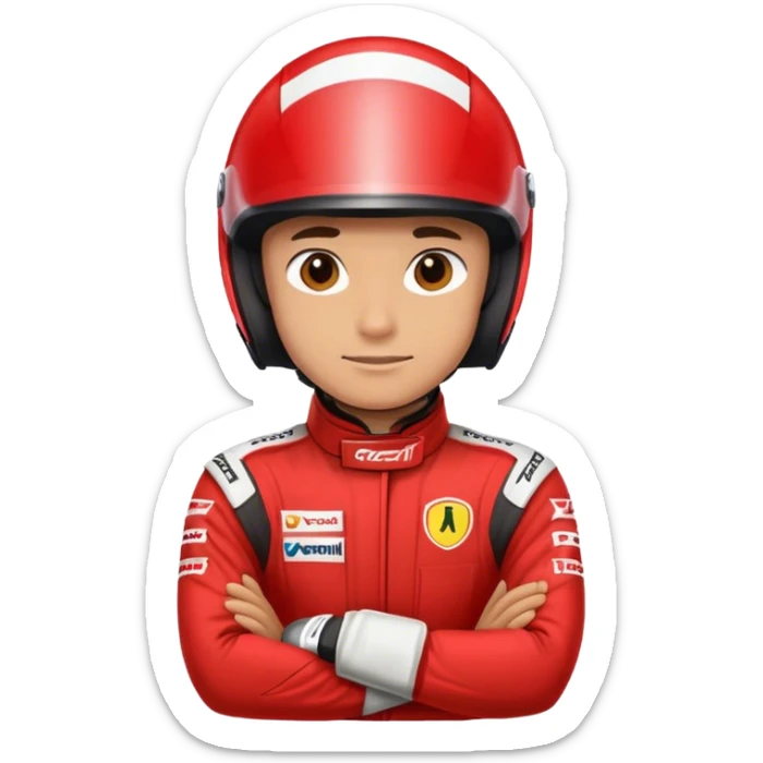 Formula 1 racing driver wearing red helmet and clothing with arms crossed headshot sticker