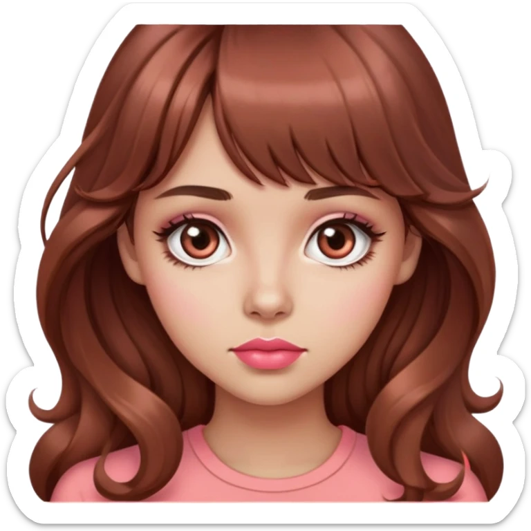 cute woman, unimpressed, popular girl, light tan skin, big dark brown eyes, very long wavy auburn hair, bangs, pink top, coral lipstick sticker