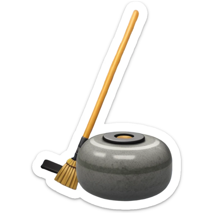 An icon showing a detailed close-up of a curling stone sliding across the ice, with a broom in motion beside it. The background features an indoor stadium with cheering spectators on the stands. Transparent background captures the strategy and focus of curling. sticker