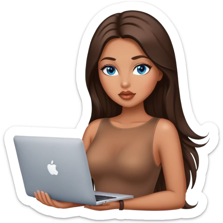 Glamours tanned very beautiful girl with big pump peach lips and dark chocolate straight smooth silky long hair, blue eyes in brown/beige bodysuit with MacBook sticker