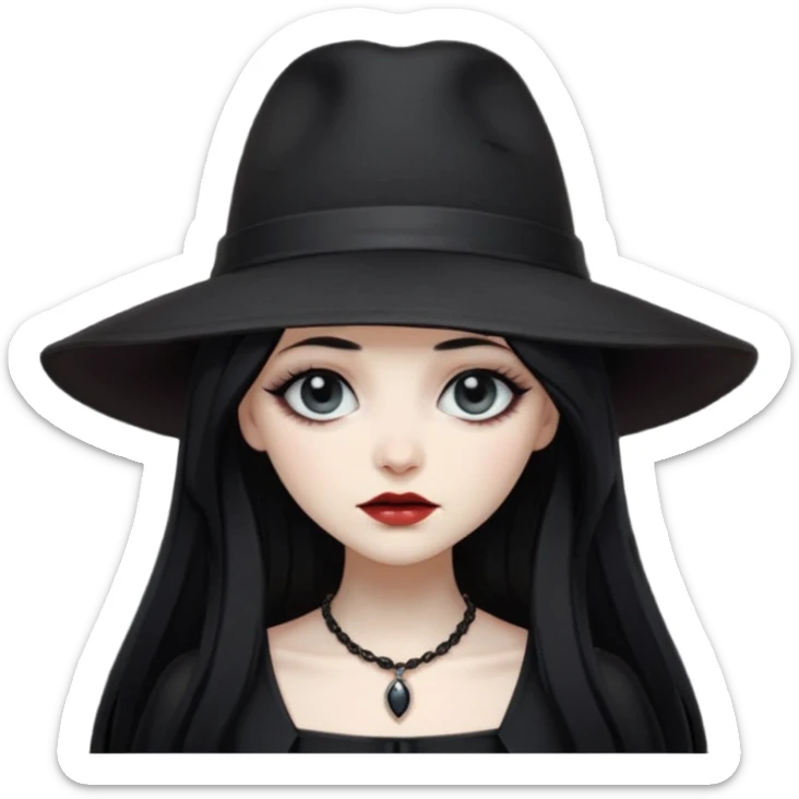 Female Goth with Wide-Brim Hat
 Long straight black hair, white skin, black dress, wide hat casting shadow over eyes. sticker