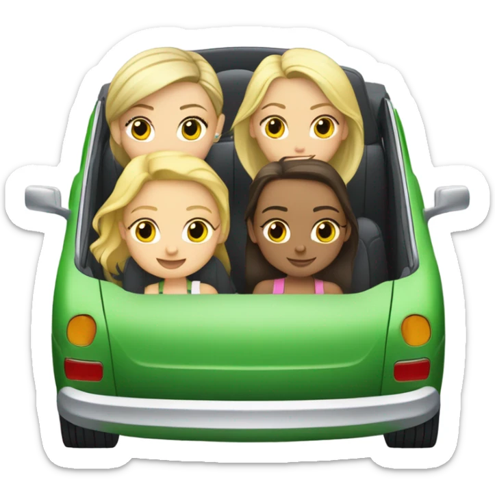 Two Caucasian blonde girls and two Caucasian brunette girls riding in a green volkswagen convertible sticker