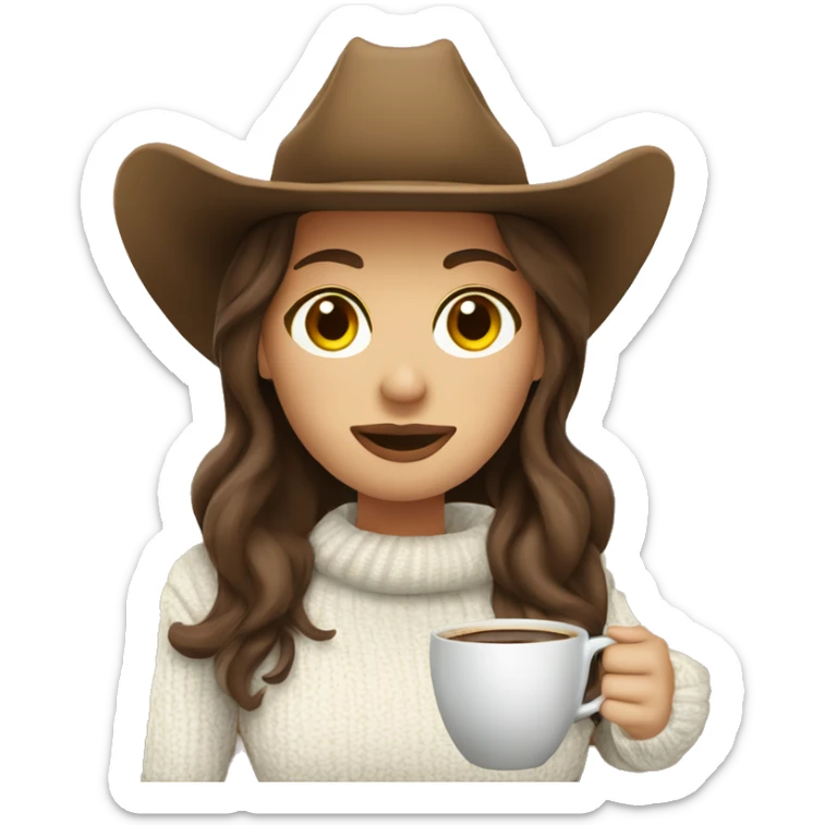 Cozy cowgirl wearing a white sweater and brown cowboy hat sipping coffee. Brunette hair sticker