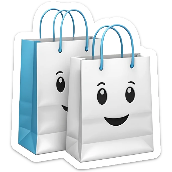 A 3D emoji of two white paper shopping bags, one large and one small, standing next to each other. Soft studio lighting, smooth 3D rendering, claymorphism style, minimalist design, cute, high resolution, isolated on a white background. sticker